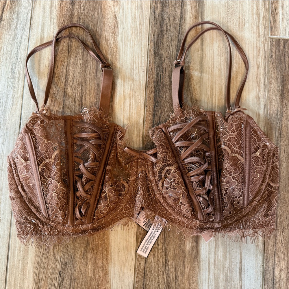 Victoria's Secret Lace-Up Lace Bra in Brown